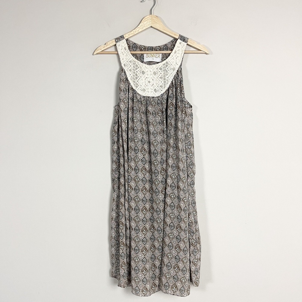 Sunner 100% Silk Dress Paisley Geometric Crocheted Sleeveless Flowy Boho M *Note